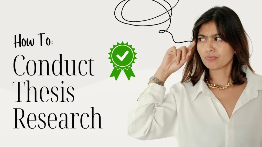 A woman thinking deeply about thesis research methods with a doodle symbolizing complex thoughts and a green checkmark representing success in academic research.