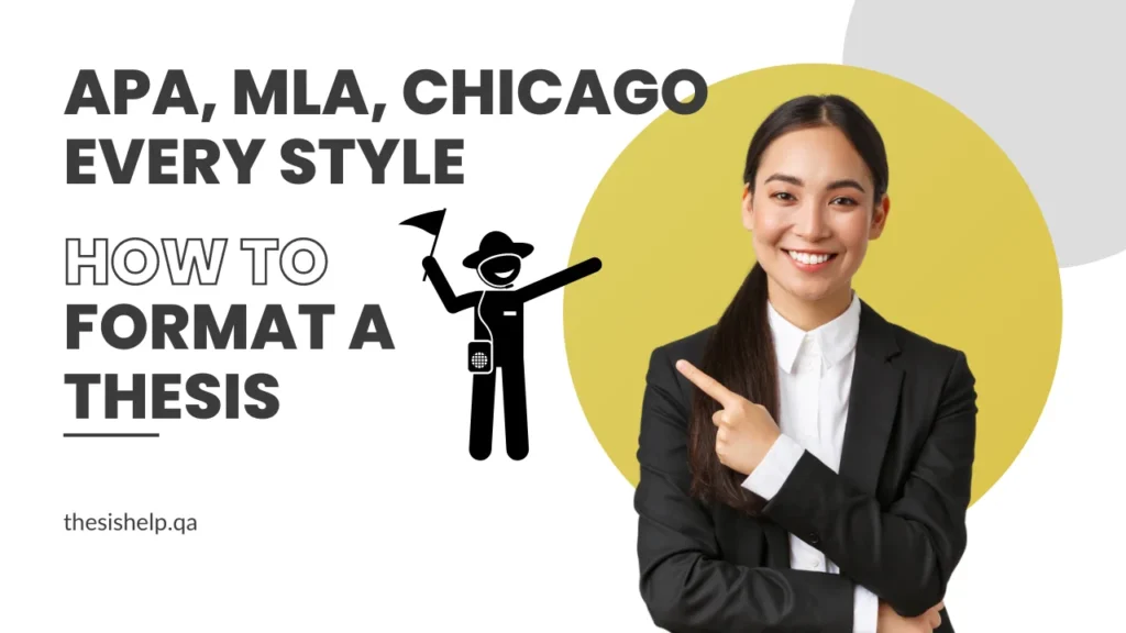Professional guide on thesis format covering APA, MLA, and Chicago styles with a businesswoman pointing to a thesis formatting guide