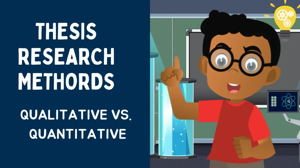 Illustration of a student explaining research methods for your thesis, comparing qualitative and quantitative approaches for effective academic research.
